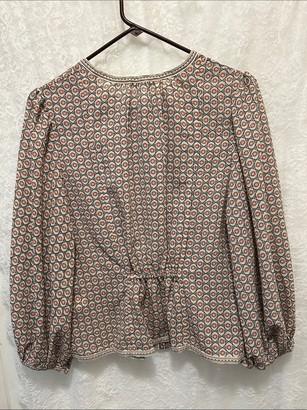 Max Studio Cream, Blue, and Rust Geometric Peasant Blouse - Picture 2 of 2